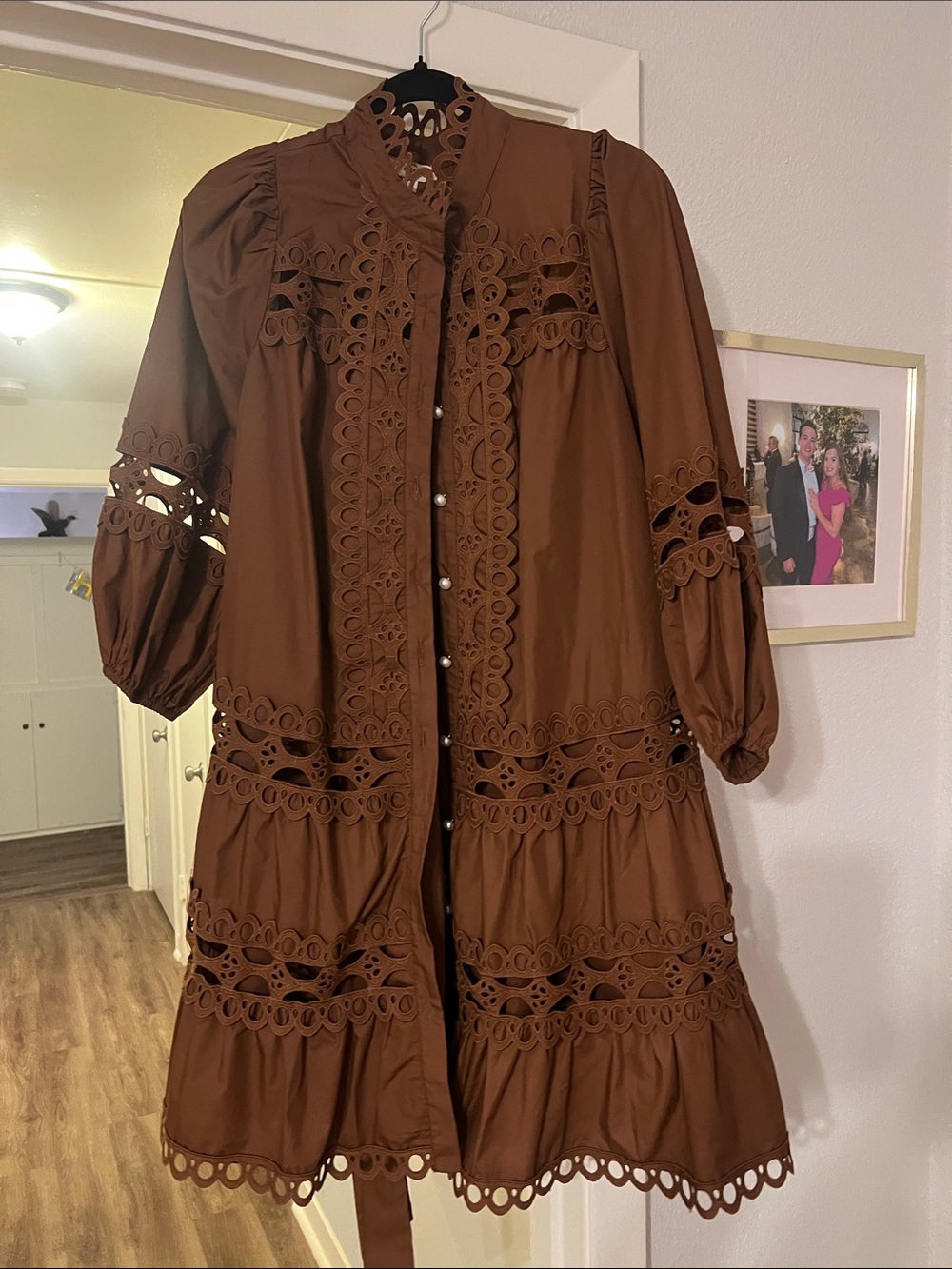 entro Brown Eyelet Lace Long-Sleeve Midi Dress